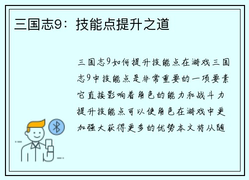 三国志9：技能点提升之道