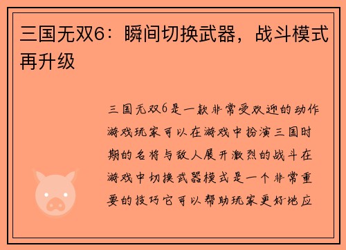 三国无双6：瞬间切换武器，战斗模式再升级